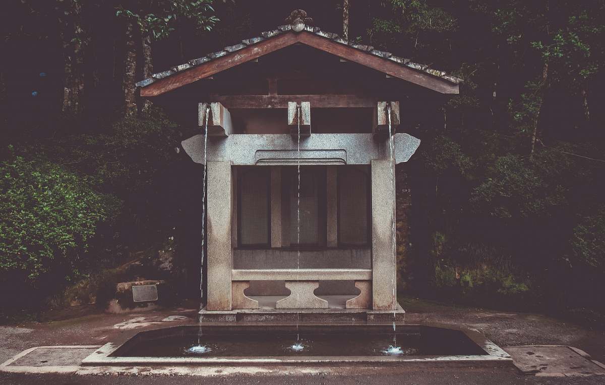 bell tower gray concrete fountain near tall trees at daytime building